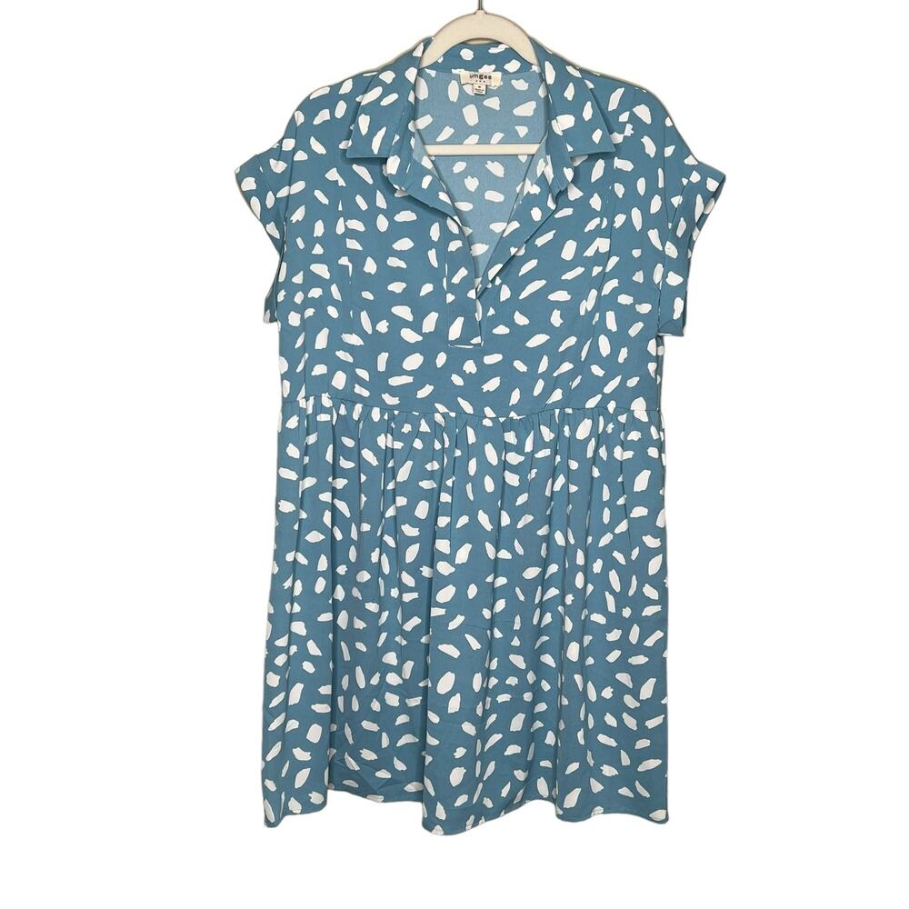 Umgee Womens Dalmatian Print Short Folded Sleeve V-Neck Collared Babydoll Dress